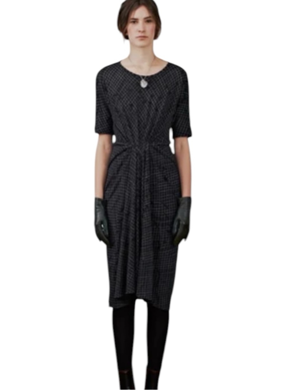 Feral Childe Deck Ruched Hearts & Gulls Grid Print Linen Knit Midi Dress - M